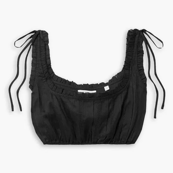 NWT Doen Renee Ramie Pintuck Ruffle Sleeveless Tie Crop Blouse Top Black - Picture 1 of 11